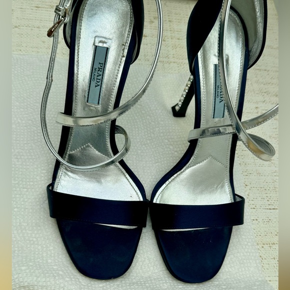 Prada Black Blue/Silver Satin Heels with Crystal
Embellished Heel size 39 - Picture 2 of 14